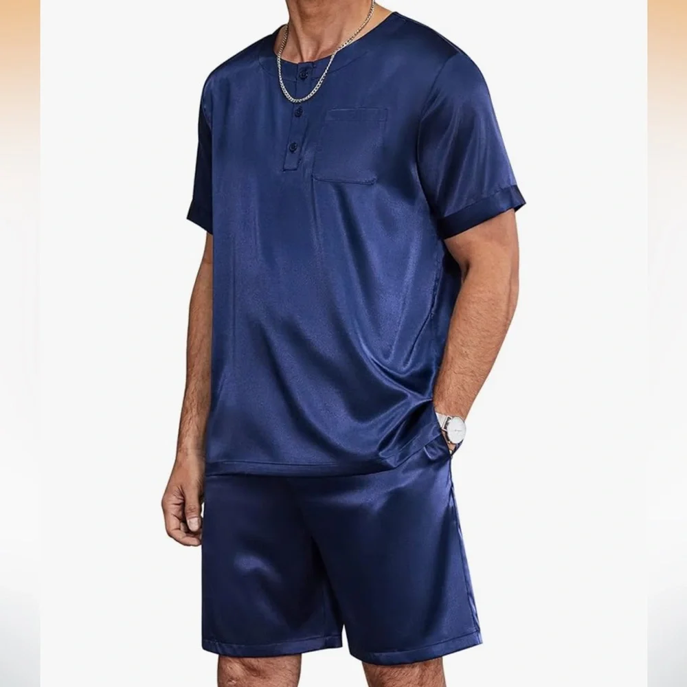Men's EKOUAER Navy Blue Satin Pajama Set S